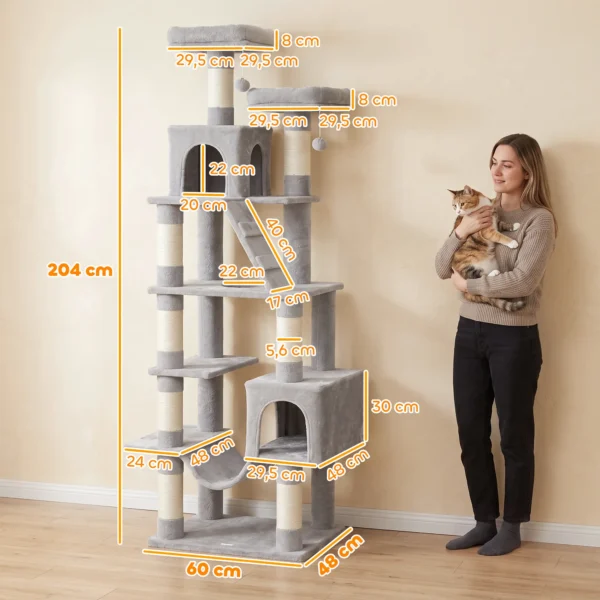 Krabpaal 204 Cm Kattenboom Met Grotten Ladder Meerdere Verdiepingen Kattenkrabpaal Voor 1 3 Katten Tot 6 Kg Lichtgrijs