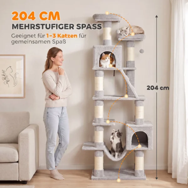 Krabpaal 204 Cm Kattenboom Met Grotten Ladder Meerdere Verdiepingen Kattenkrabpaal Voor 1 3 Katten Tot 6 Kg Lichtgrijs