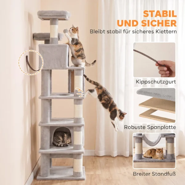 Krabpaal 204 Cm Kattenboom Met Grotten Ladder Meerdere Verdiepingen Kattenkrabpaal Voor 1 3 Katten Tot 6 Kg Lichtgrijs