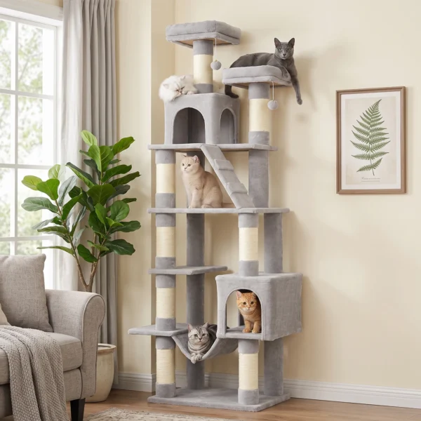 Krabpaal 204 Cm Kattenboom Met Grotten Ladder Meerdere Verdiepingen Kattenkrabpaal Voor 1 3 Katten Tot 6 Kg Lichtgrijs
