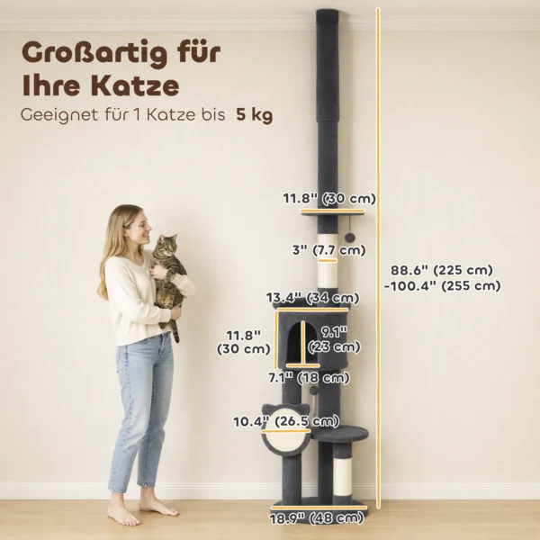Krabpaal Plafondhoog 225 255 Cm In Hoogte Verstelbaar Kattenboom Met 5 Verdiepingen Sisal Krabstammen, Krabplank Hangmat