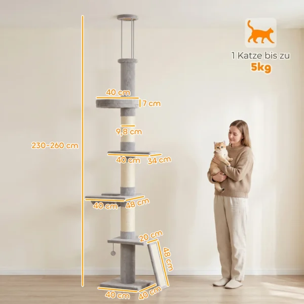 Krabpaal Plafondhoog 230 260 Cm Verstelbare Kattenboom Met 5 Verdiepingen 3 Dikke Sisal krabstammen, Sisal krabplank