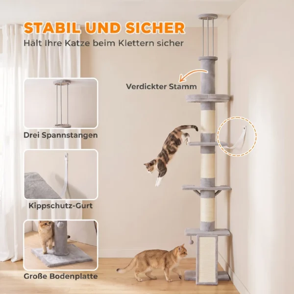 Krabpaal Plafondhoog 230 260 Cm Verstelbare Kattenboom Met 5 Verdiepingen 3 Dikke Sisal krabstammen, Sisal krabplank