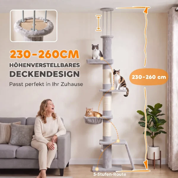 Krabpaal Plafondhoog 230 260 Cm Verstelbare Kattenboom Met 5 Verdiepingen 3 Dikke Sisal krabstammen, Sisal krabplank