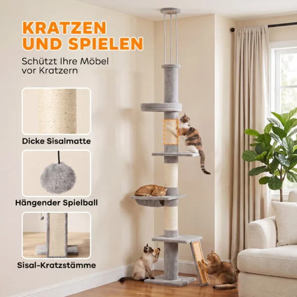 Krabpaal Plafondhoog 230 260 Cm Verstelbare Kattenboom Met 5 Verdiepingen 3 Dikke Sisal krabstammen, Sisal krabplank
