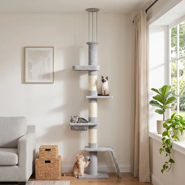 Krabpaal Plafondhoog 230 260 Cm Verstelbare Kattenboom Met 5 Verdiepingen 3 Dikke Sisal krabstammen, Sisal krabplank