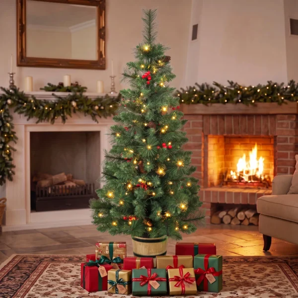 Kunstmatige Kerstboom, 120 Cm Kerstboom Met 100 LED verlichting 131 Toppen Bessen, 2 Lichtkleuren, Afstandsbediening