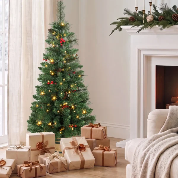 Kunstmatige Kerstboom, 120 Cm Kerstboom Met 100 LED verlichting 131 Toppen Bessen, 2 Lichtkleuren, Afstandsbediening
