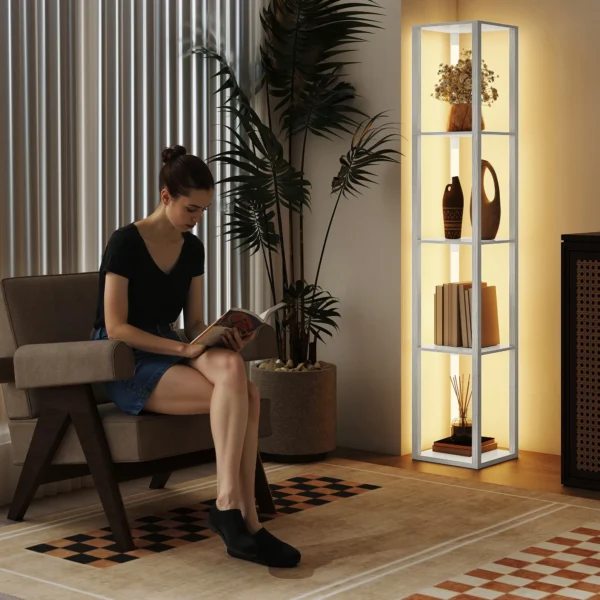 LED staande Lamp Met Planken, Moderne Dimbare Staande Lamp Met 3 Helderheidsniveaus En Voetschakelaar, Wit