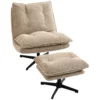 Loungestoel Met Voetenbank, 360° Draaibaar, Corduroy Bekleding, In Hoogte Verstelbare Voetensteun, Beige