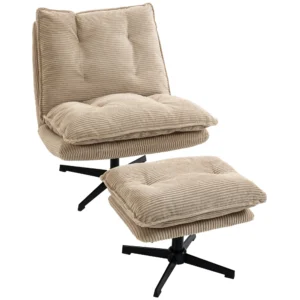 Loungestoel Met Voetenbank, 360° Draaibaar, Corduroy Bekleding, In Hoogte Verstelbare Voetensteun, Beige