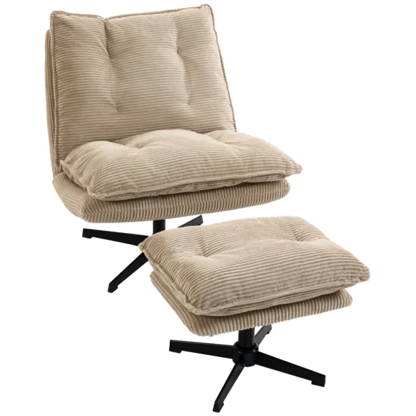 Loungestoel Met Voetenbank, 360° Draaibaar, Corduroy Bekleding, In Hoogte Verstelbare Voetensteun, Beige