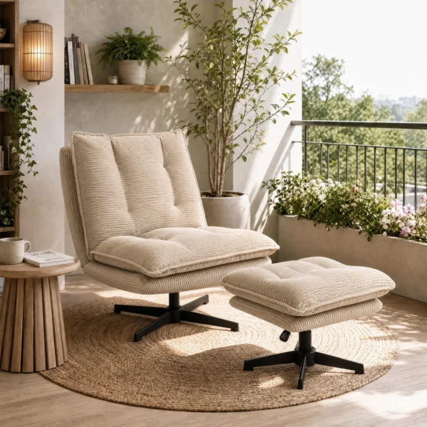 Loungestoel Met Voetenbank, 360° Draaibaar, Corduroy Bekleding, In Hoogte Verstelbare Voetensteun, Beige