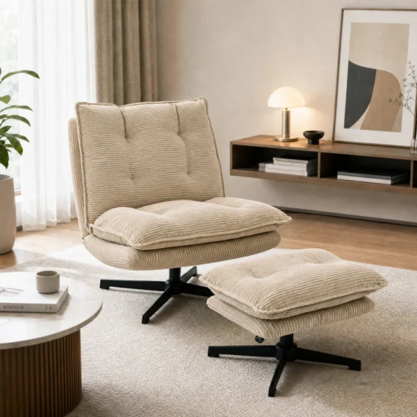 Loungestoel Met Voetenbank, 360° Draaibaar, Corduroy Bekleding, In Hoogte Verstelbare Voetensteun, Beige