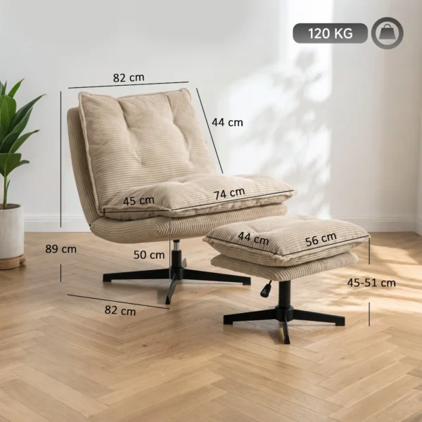 Loungestoel Met Voetenbank, 360° Draaibaar, Corduroy Bekleding, In Hoogte Verstelbare Voetensteun, Beige