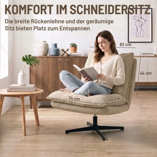 Loungestoel Met Voetenbank, 360° Draaibaar, Corduroy Bekleding, In Hoogte Verstelbare Voetensteun, Beige