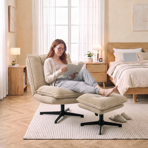 Loungestoel Met Voetenbank, 360° Draaibaar, Corduroy Bekleding, In Hoogte Verstelbare Voetensteun, Beige