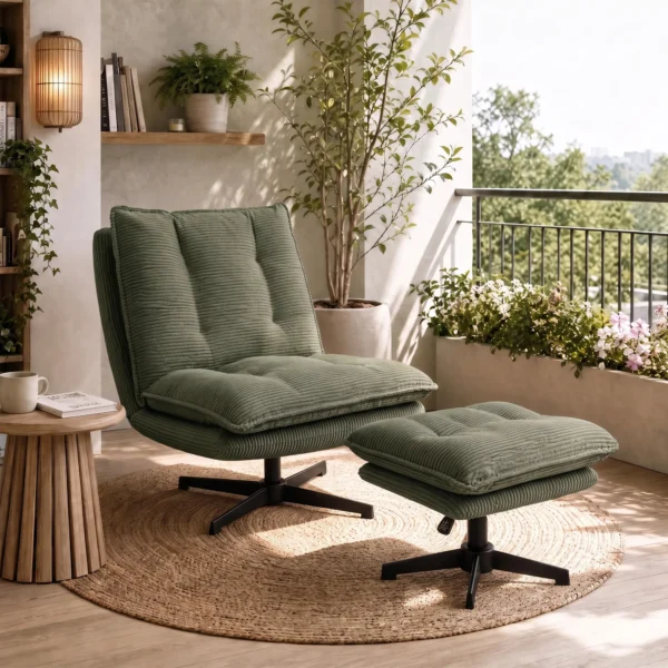 Loungestoel Met Voetenbank, 360° Draaibaar, Corduroy Bekleding, In Hoogte Verstelbare Voetensteun, Groen
