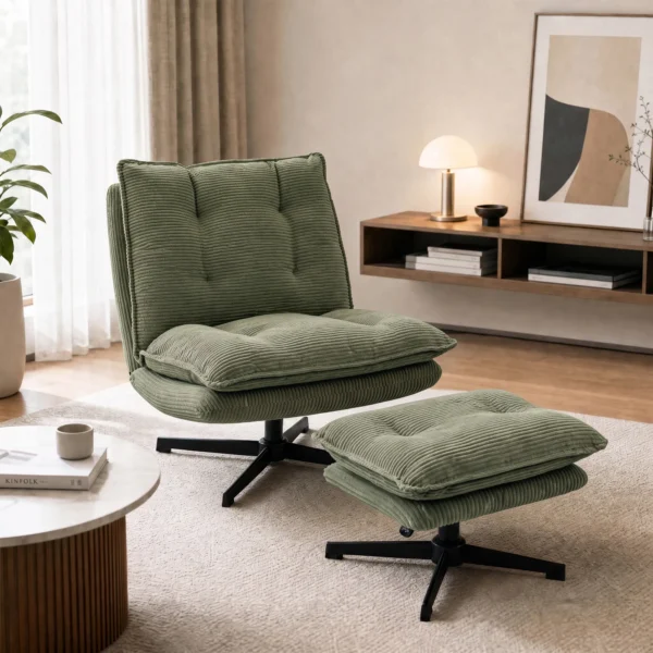 Loungestoel Met Voetenbank, 360° Draaibaar, Corduroy Bekleding, In Hoogte Verstelbare Voetensteun, Groen