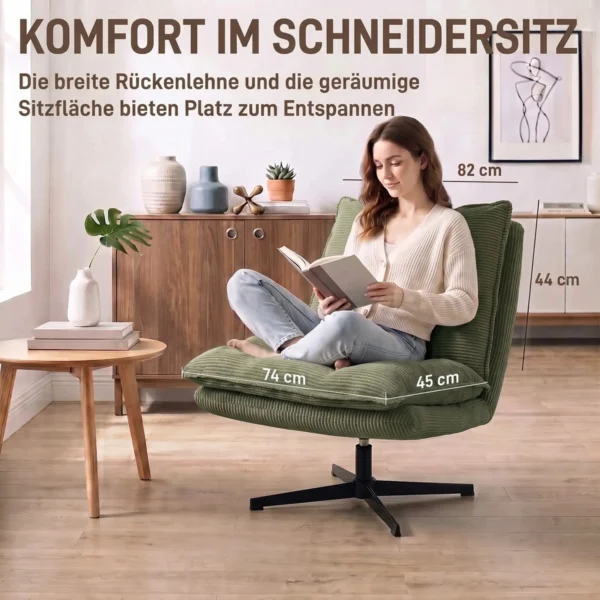 Loungestoel Met Voetenbank, 360° Draaibaar, Corduroy Bekleding, In Hoogte Verstelbare Voetensteun, Groen