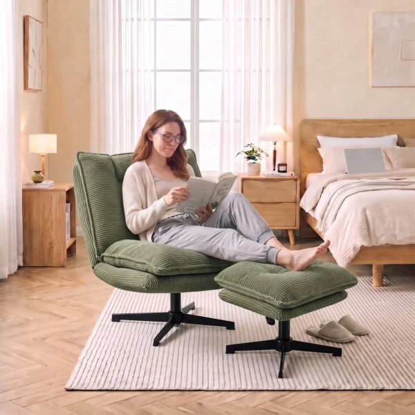 Loungestoel Met Voetenbank, 360° Draaibaar, Corduroy Bekleding, In Hoogte Verstelbare Voetensteun, Groen