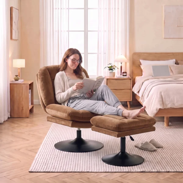 Loungestoel Met Voetenbank, 360° Draaibaar, Gemaakt Van Raindrop velours, In Hoogte Verstelbare Voetenbank, Bruin