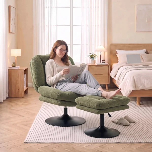 Loungestoel Met Voetenbank, 360° Draaibaar, Gemaakt Van Raindrop velours, In Hoogte Verstelbare Voetenbank, Groen