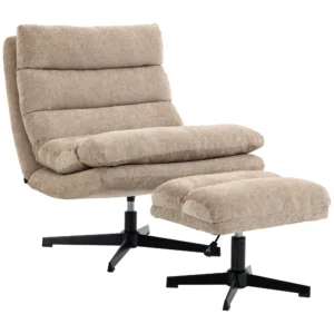 Loungestoel Met Voetenbankje, Draaibare Chenille stoel Met In Hoogte Verstelbaar Voetenbankje, Dikke Bekleding En Brede Zitting, Bruin