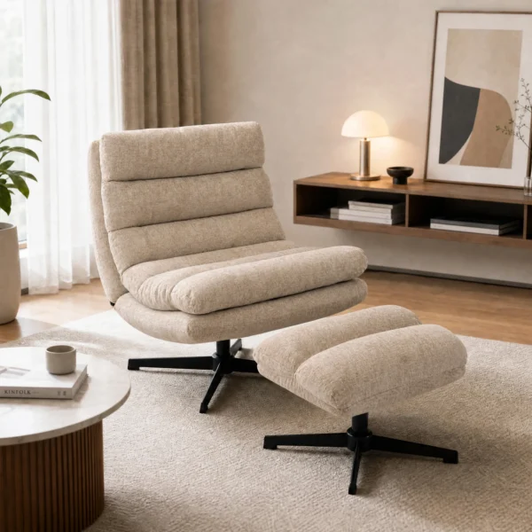 Loungestoel Met Voetenbankje, Draaibare Chenille stoel Met In Hoogte Verstelbaar Voetenbankje, Dikke Bekleding En Brede Zitting, Bruin