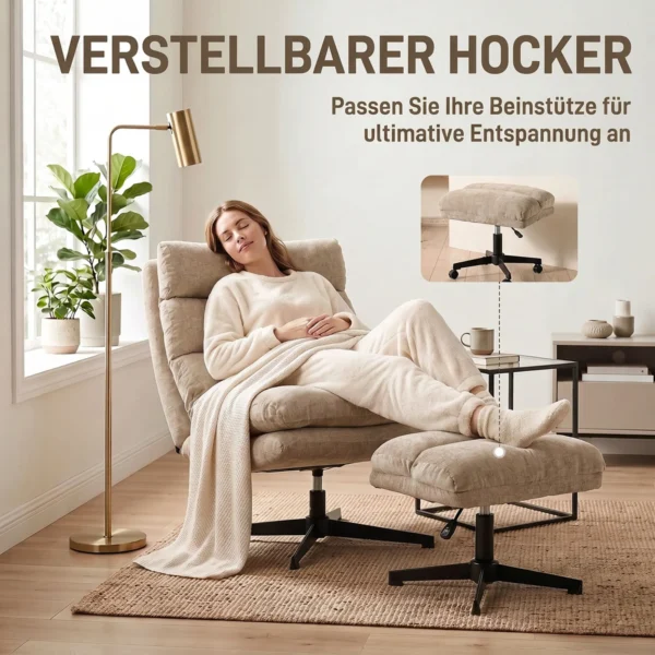 Loungestoel Met Voetenbankje, Draaibare Chenille stoel Met In Hoogte Verstelbaar Voetenbankje, Dikke Bekleding En Brede Zitting, Bruin