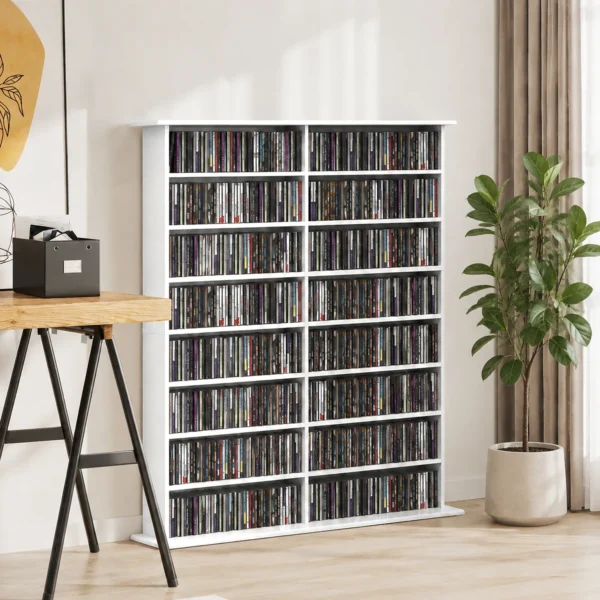 Mediarek, 8 Niveaus, DVD rek Met 12 Verstelbare Planken, 16 Vakken, Voor 720 CD's, Wit