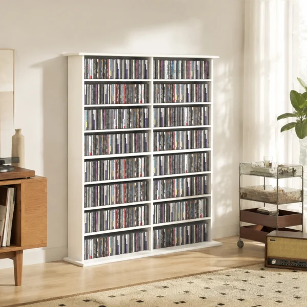 Mediarek, 8 Niveaus, DVD rek Met 12 Verstelbare Planken, 16 Vakken, Voor 720 CD's, Wit