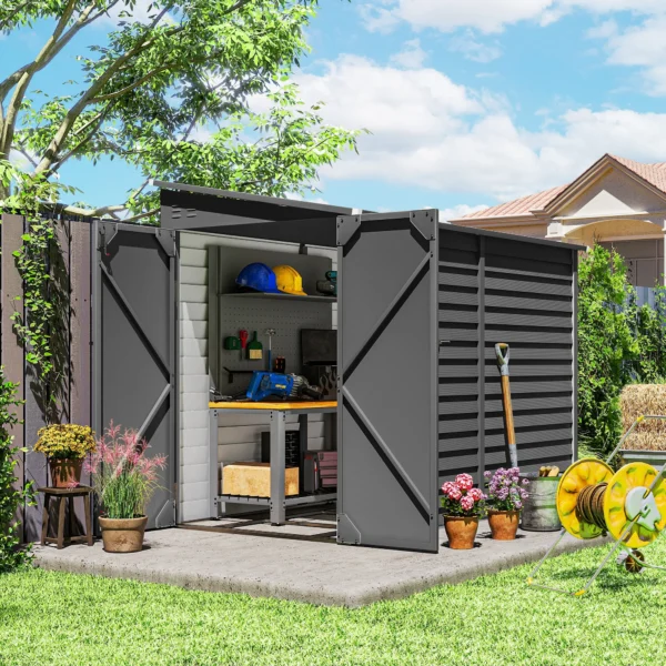 Metalen Tuinhuis 3,5m² 143x270x202cm Tuinschuur Met Lessenaarsdak, Afsluitbare Dubbele Deur, Fundering, Ventilatieopeningen