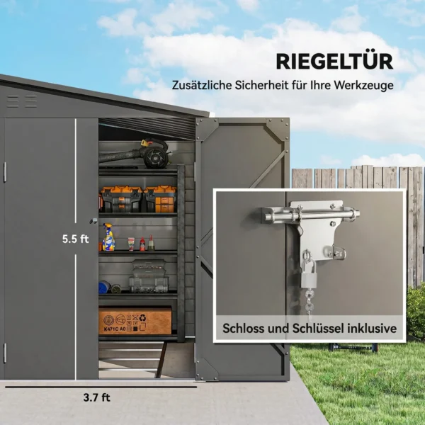 Metalen Tuinhuis 3,5m² 143x270x202cm Tuinschuur Met Lessenaarsdak, Afsluitbare Dubbele Deur, Fundering, Ventilatieopeningen