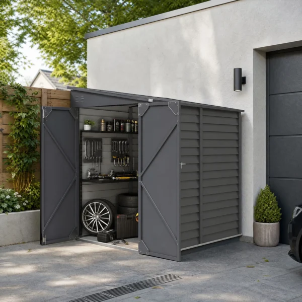 Metalen Tuinhuis 3,5m² 143x270x202cm Tuinschuur Met Lessenaarsdak, Afsluitbare Dubbele Deur, Fundering, Ventilatieopeningen
