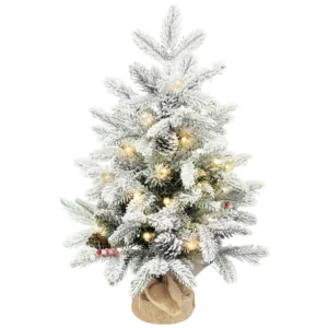 Mini 60cm Kerstboom Met 35 LED lampjes, Sneeuw effect, Mini tafelboom Met Dennenappels, Kunstmatige Kerstboom Voor Kerstdecoratie, Wit