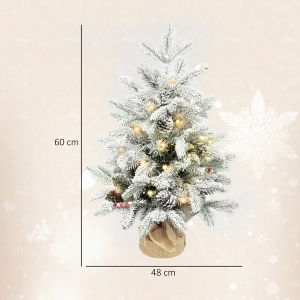 Mini 60cm Kerstboom Met 35 LED lampjes, Sneeuw effect, Mini tafelboom Met Dennenappels, Kunstmatige Kerstboom Voor Kerstdecoratie, Wit
