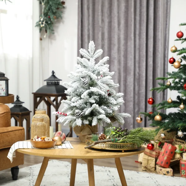 Mini 60cm Kerstboom Met 35 LED lampjes, Sneeuw effect, Mini tafelboom Met Dennenappels, Kunstmatige Kerstboom Voor Kerstdecoratie, Wit