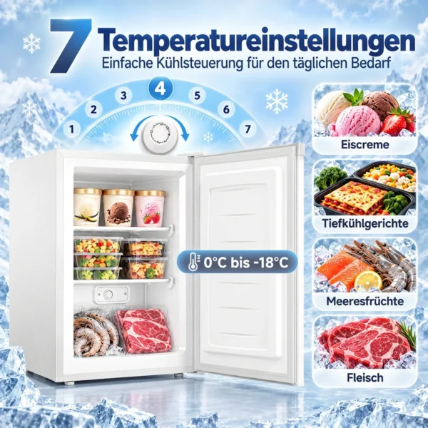 Mini diepvries 85 L, Compacte Staande Diepvries Met Verwisselbare Deuropening En Instelbare Temperatuur, Wit