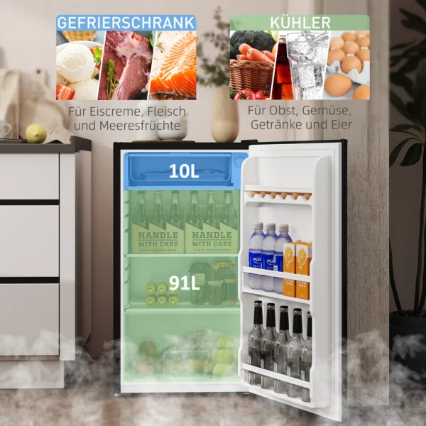 Mini koelkast, 91 Liter Capaciteit, Vriesvak, Verstelbare Compartimenten, Stille Werking, Compacte Grootte, Staal, Zwart