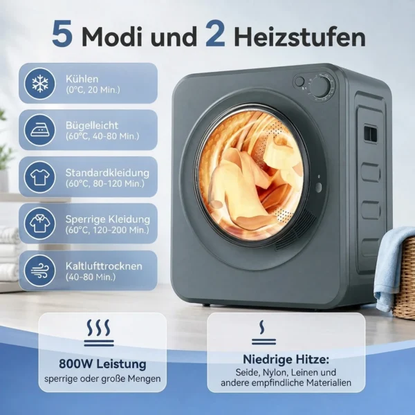 Mini Wasdroger 4 Kg Met 5 Programma's Tot 60℃ 800W/400W Luchtafvoerdroger Met Roestvrijstalen Trommel Grijs