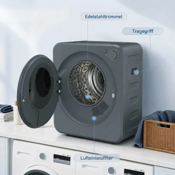 Mini Wasdroger 4 Kg Met 5 Programma's Tot 60℃ 800W/400W Luchtafvoerdroger Met Roestvrijstalen Trommel Grijs
