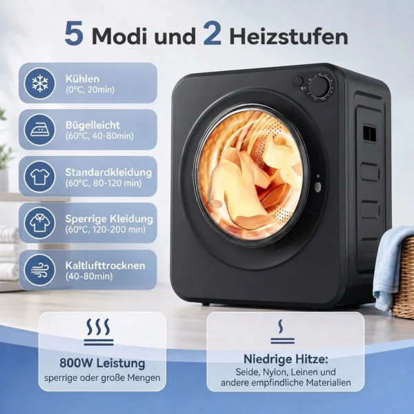 Mini Wasdroger 4 Kg Met 5 Programma's Tot 60℃ 800W/400W Luchtafvoerdroger Met Roestvrijstalen Trommel Zwart