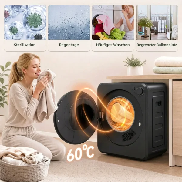 Mini Wasdroger 4 Kg Met 5 Programma's Tot 60℃ 800W/400W Luchtafvoerdroger Met Roestvrijstalen Trommel Zwart