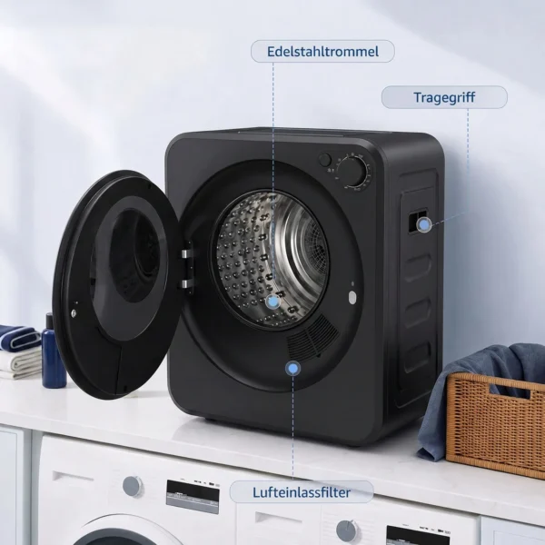 Mini Wasdroger 4 Kg Met 5 Programma's Tot 60℃ 800W/400W Luchtafvoerdroger Met Roestvrijstalen Trommel Zwart
