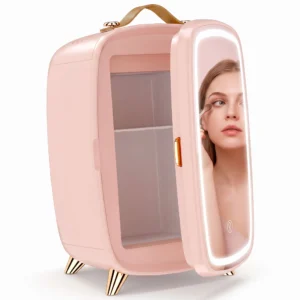 Minikoelkast Voor Cosmetica, Drankjes En Snacks, Draagbaar, Met Verlichte Spiegel, Stille Werking, 6L, Roze