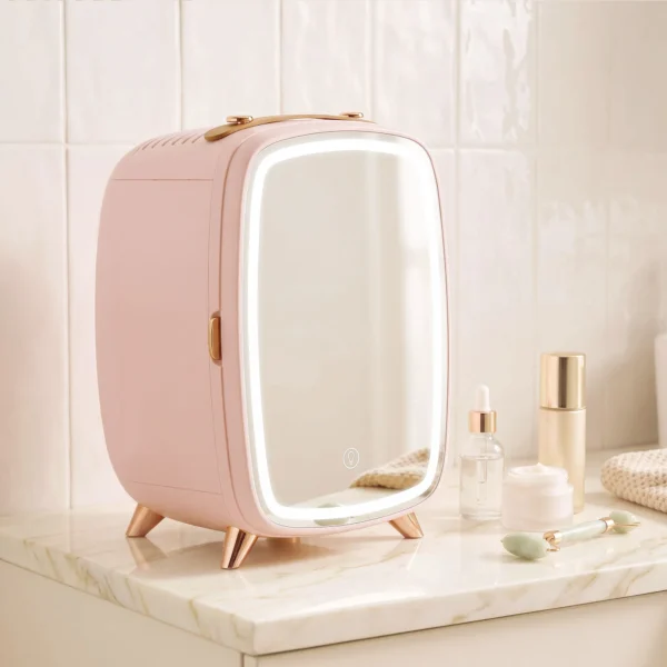 Minikoelkast Voor Cosmetica, Drankjes En Snacks, Draagbaar, Met Verlichte Spiegel, Stille Werking, 6L, Roze