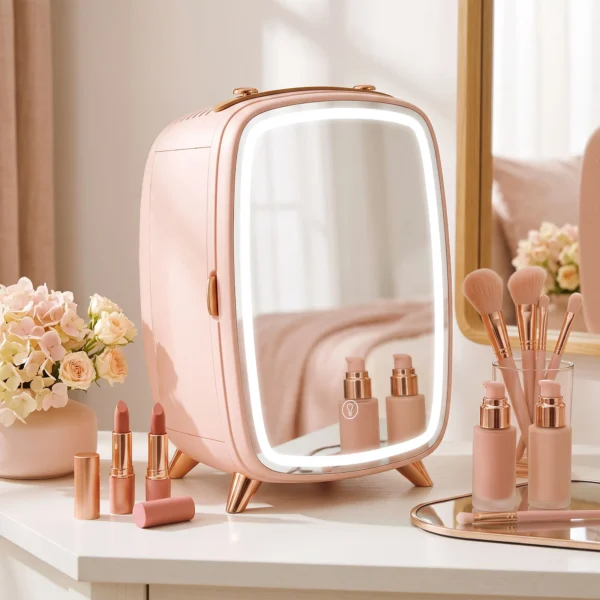 Minikoelkast Voor Cosmetica, Drankjes En Snacks, Draagbaar, Met Verlichte Spiegel, Stille Werking, 6L, Roze
