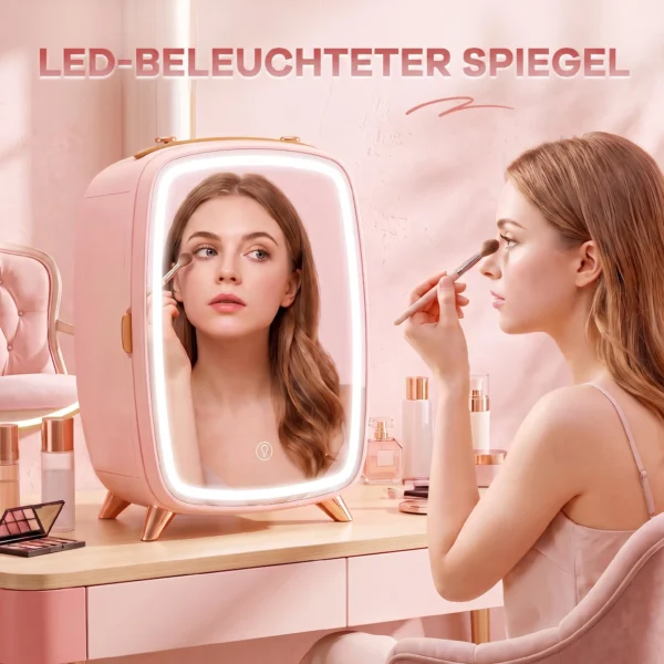 Minikoelkast Voor Cosmetica, Drankjes En Snacks, Draagbaar, Met Verlichte Spiegel, Stille Werking, 6L, Roze