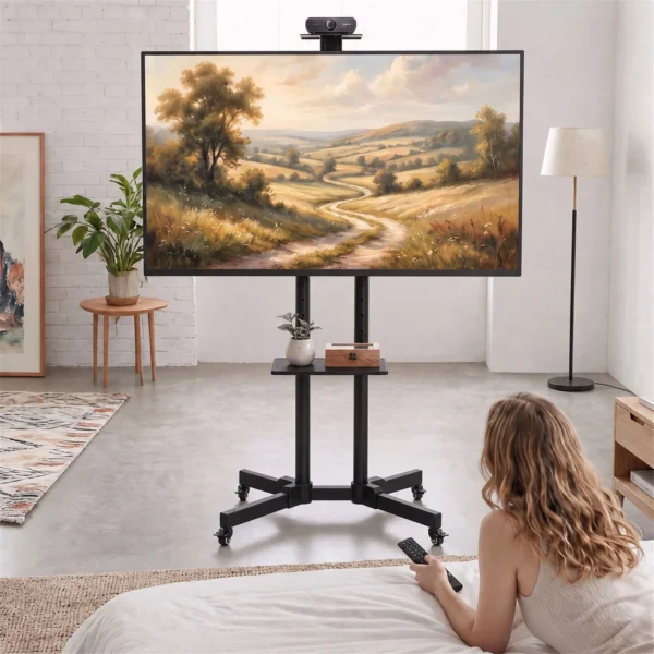 Mobiele TV standaard Op Wielen Voor 32 75 Inch, Kantelbare TV rolwagen, In Hoogte Verstelbaar, Met Vergrendelbare Wielen, Zwart